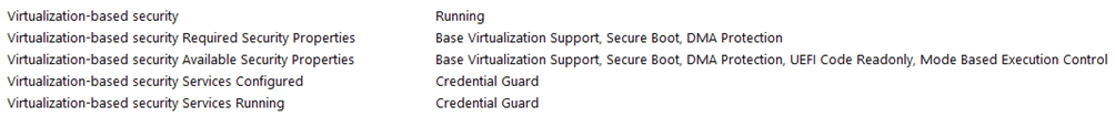 An image of the Microsoft System Information Tool with the Virtualization-based security line showing a status of Running, confirming Credential Guard is running.
