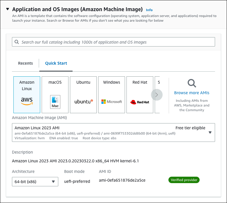 The Amazon Machine Image selection.