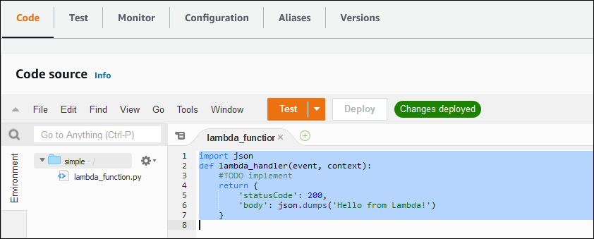 Example Lambda function shown in the AWS CLI for AWS Lambda.