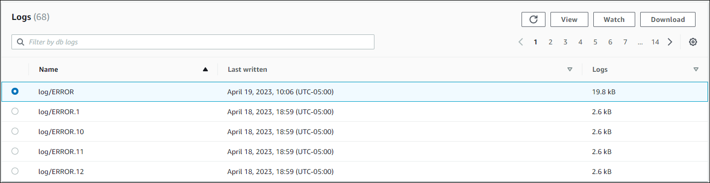 An image of the Logs section from the Amazon RDS console with an error log selected.