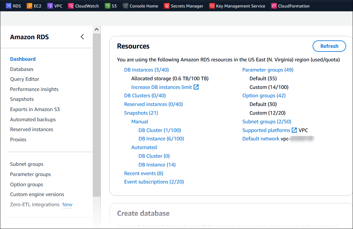 Home page of the RDS console with navigation links and resource listings.