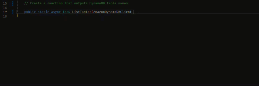 Code editor showing a public static async Task function signature for ListTables method.