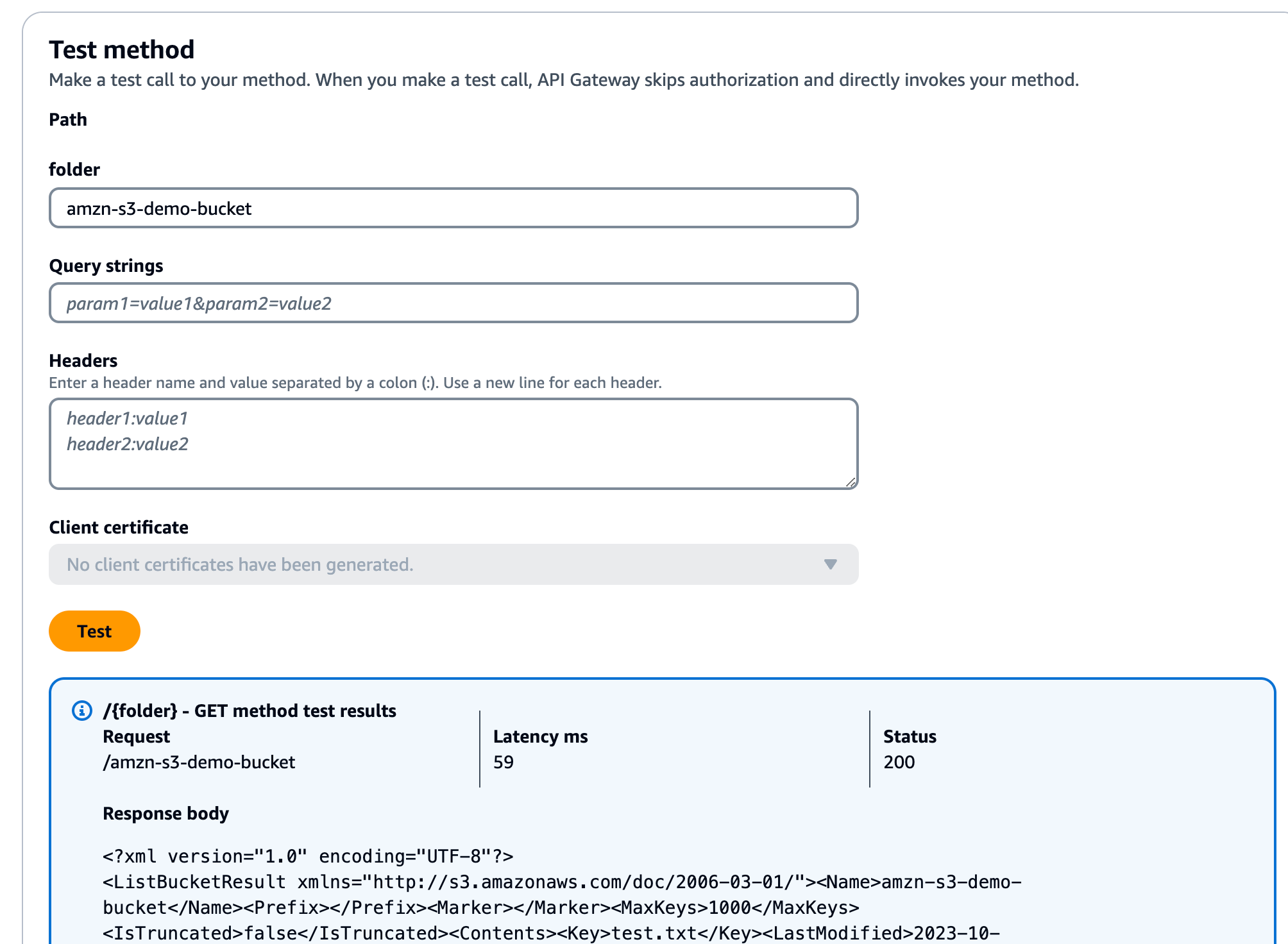 Test the GET method to create an Amazon S3 bucket.