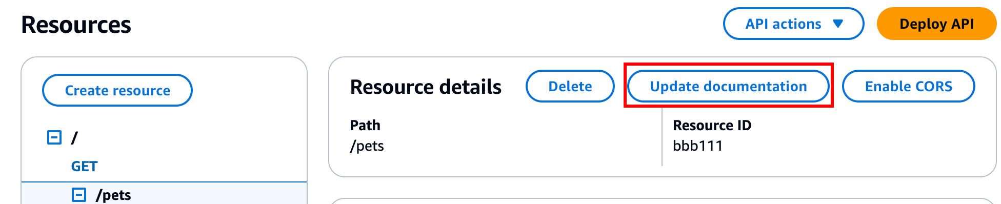 Edit documentation for the resource entity in the API Gateway console