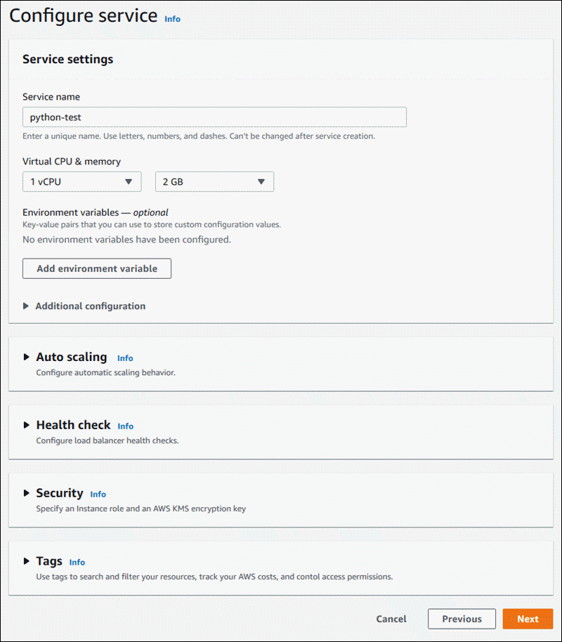 Service settings while creating an App Runner service
