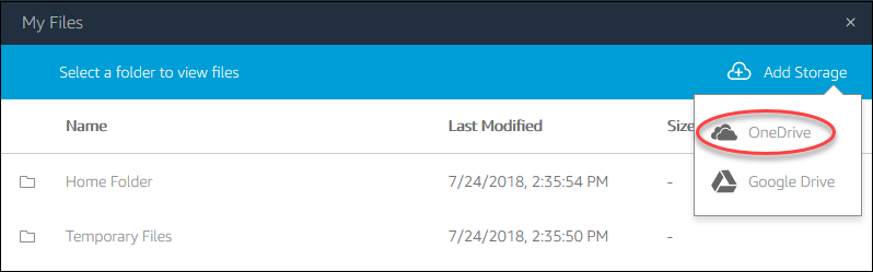 OneDrive option selected in the Add Storage dropdown menu.