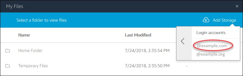 Login accounts dialog with example.com domain highlighted for selection.