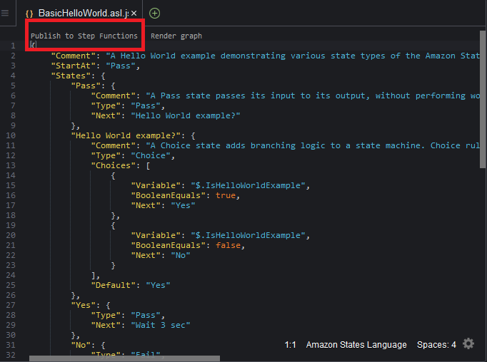 Diagram that shows how to choose Publish to Step Functions