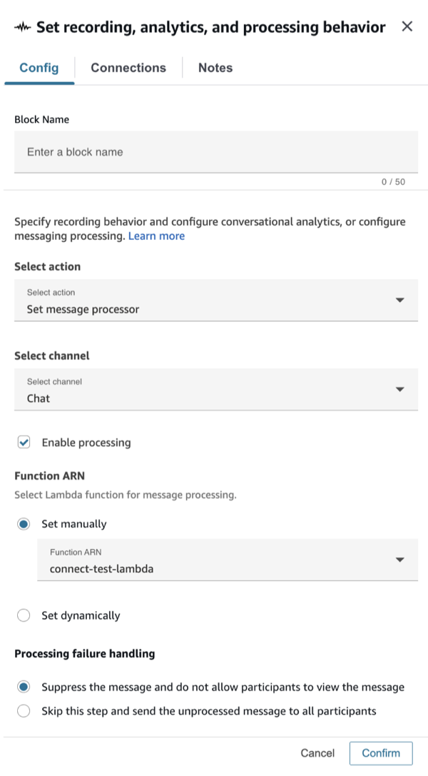 The Set message processor action configuration with processing enabled.