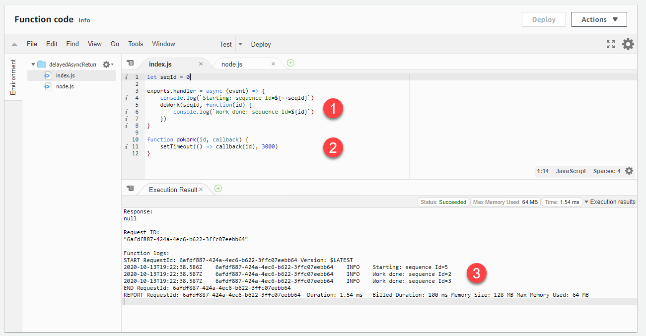 CloudWatch logs showing callback results from one invocation appearing in subsequent invocations.