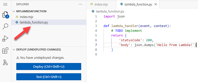 Diagram showing the console code editor and the lambda_function.py file in the file explorer.