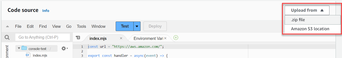 Upload .zip file from code source pane.
