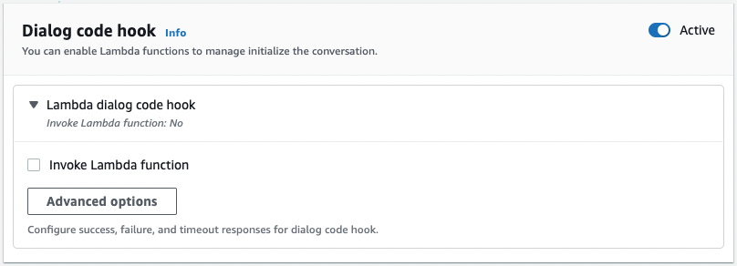 The code hooks section of the Amazon Lex V2 intent editor.