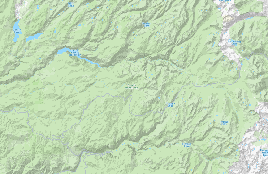 Topographic map showing Yosemite National Park area with labeled lakes and terrain features.