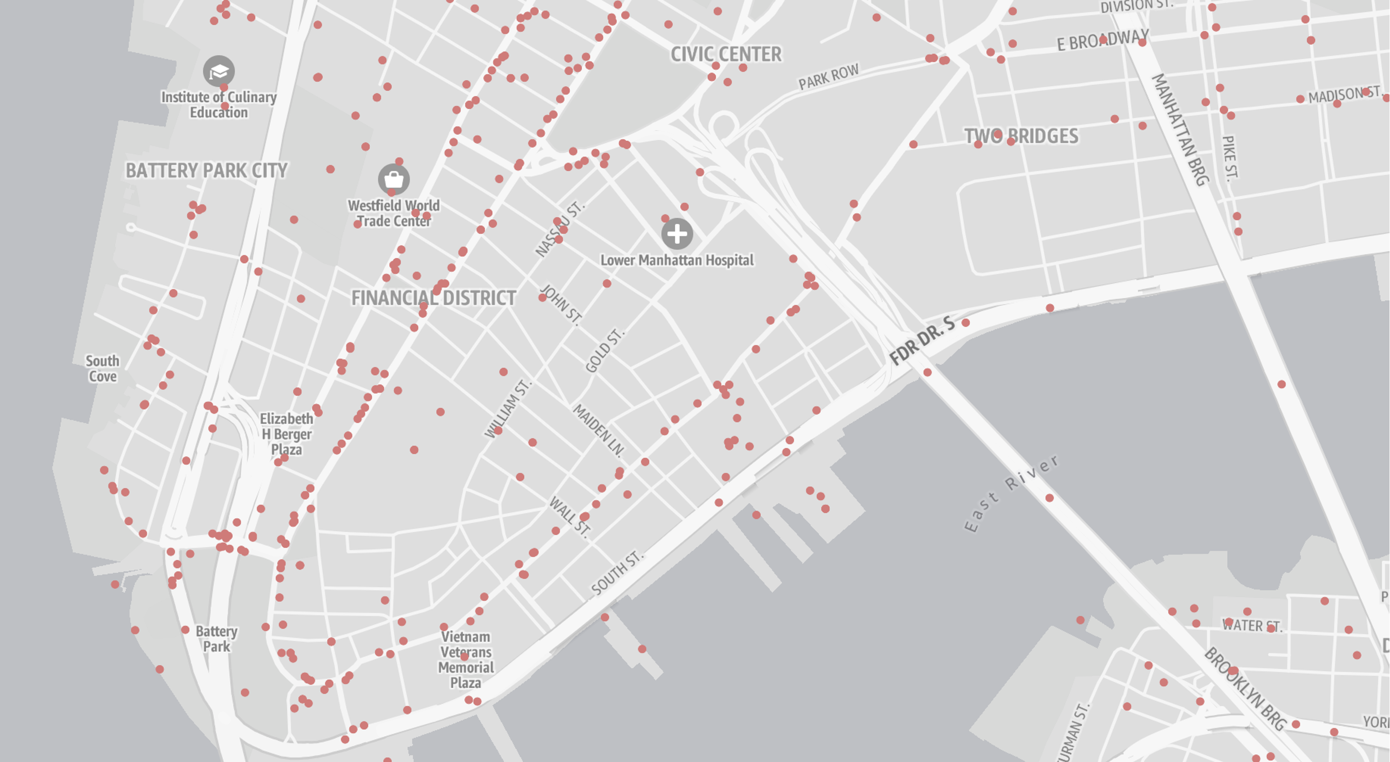 Amazon Location Service Monochrome style used as a base layer for data visualization, with custom red data points overlaid on a neutral lower Manhattan map.
