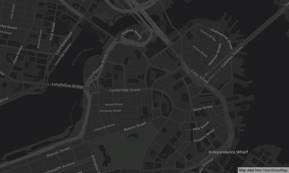 Dark-themed map showing street layout of downtown area with labeled roads and landmarks.