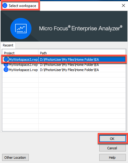 The Select workspace dialog box of Rocket Enterprise Analyzer administration tool with a project selected.