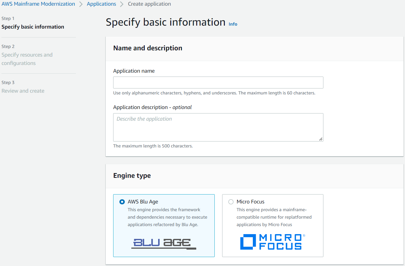 The application Specify basic information page with the AWS Transform for mainframe engine selected.