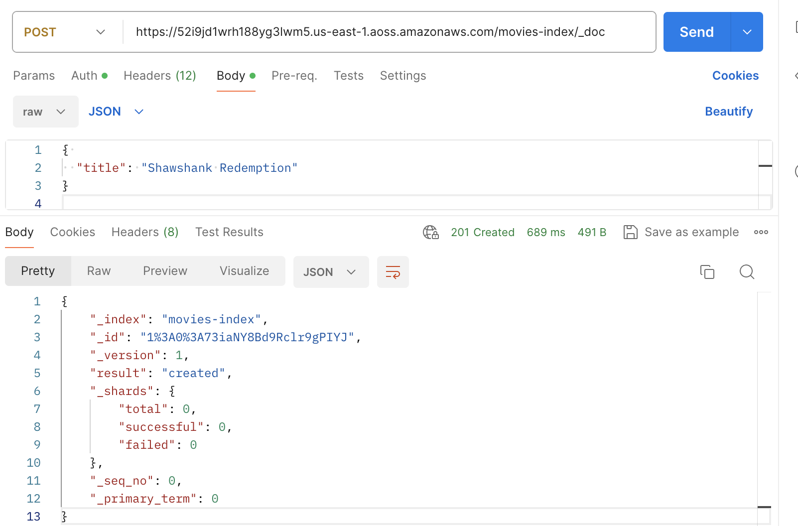 Postman interface showing POST request with JSON body containing title field set to Shawshank Redemption.