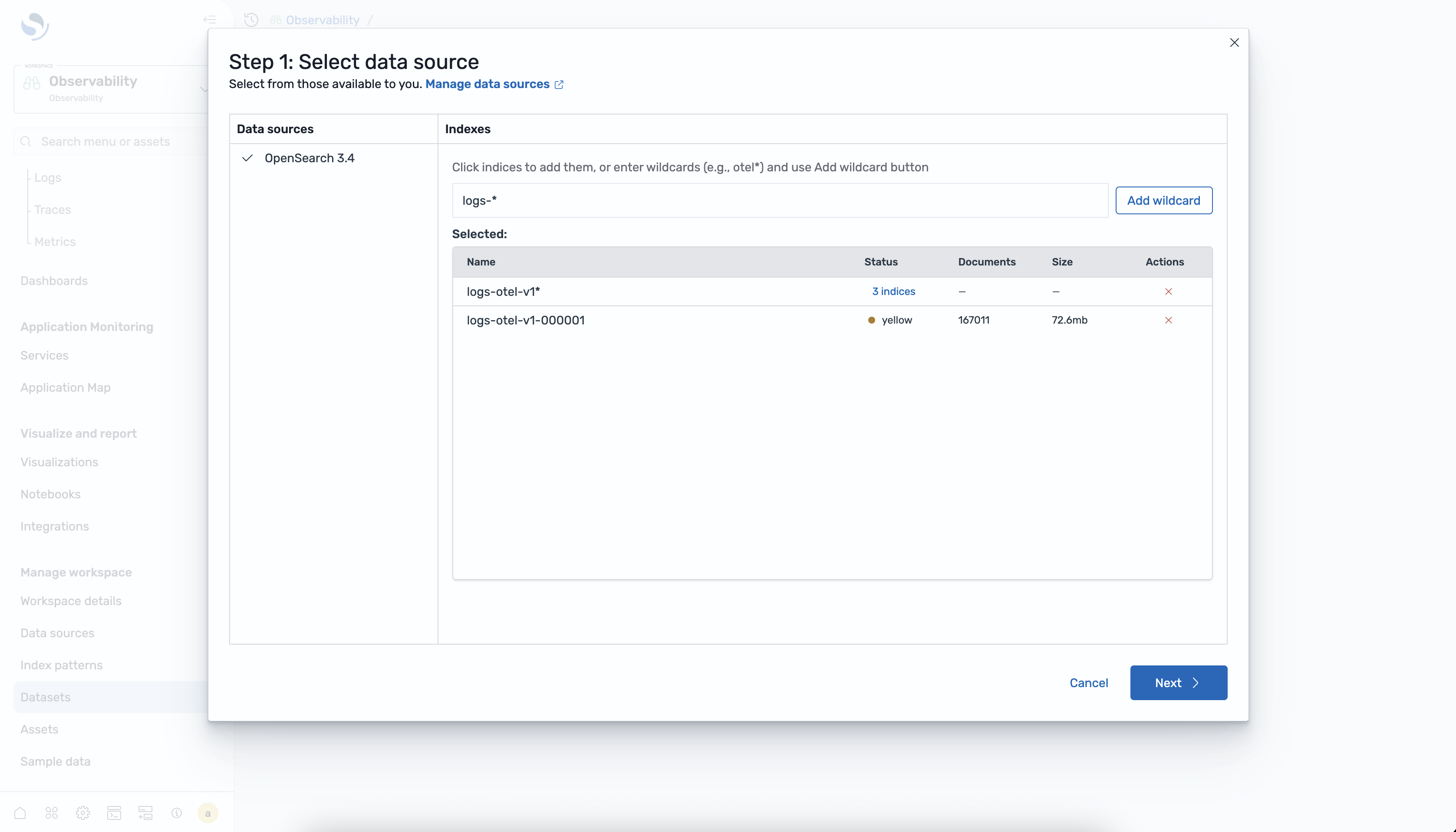 Data source selection dialog showing OpenSearch 3.4 with logs-otel-v1 wildcard pattern and one matching index.